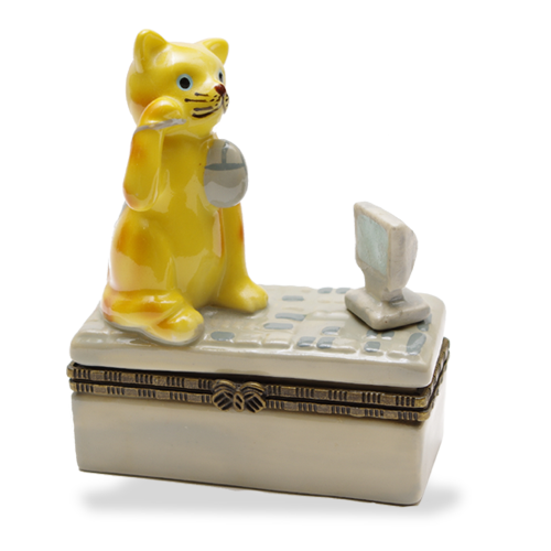 Mini Hinged Porcelain Box - Kitty on Box
