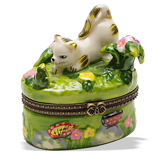 Mini Hinged Porcelain Box - Kitty in Garden